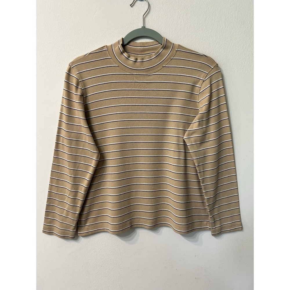 Hasting&Smith Petites Striped Mock Neck Top PXL Tan Brown White Long Sleeve Knit